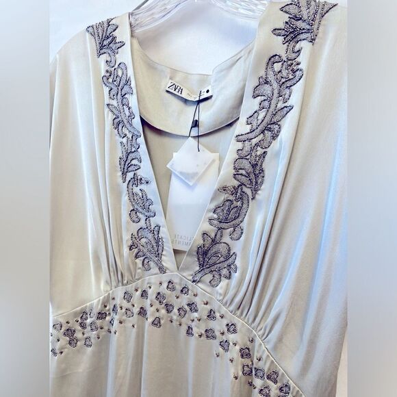 ZARA SHORT EMBROIDERED DRESS PEARL GRAY SZ S - Picture 5 of 10